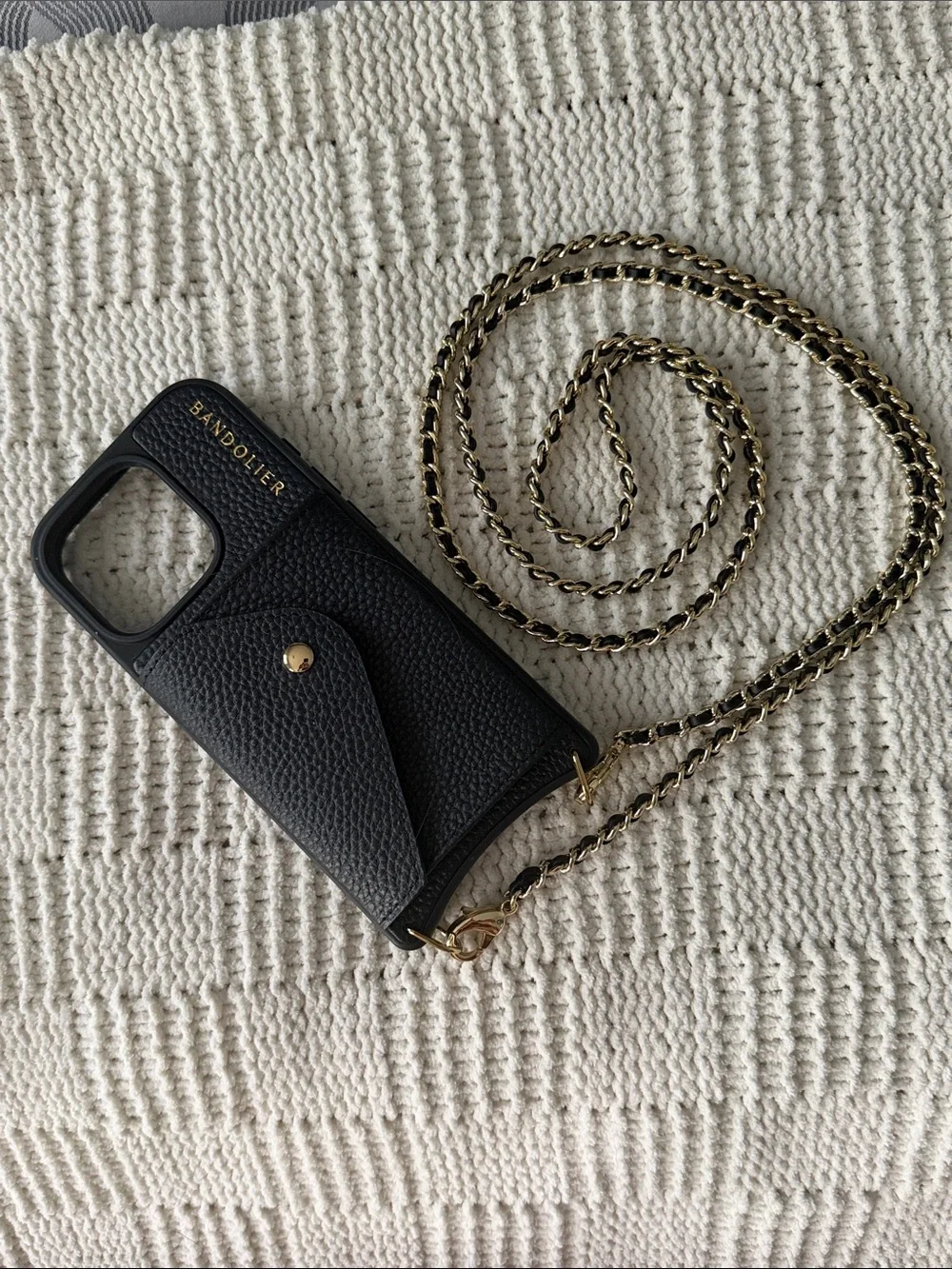 ❤️ Bandolier Black Leather Crossbody Phone Case with Gold Chain Strap ❤️